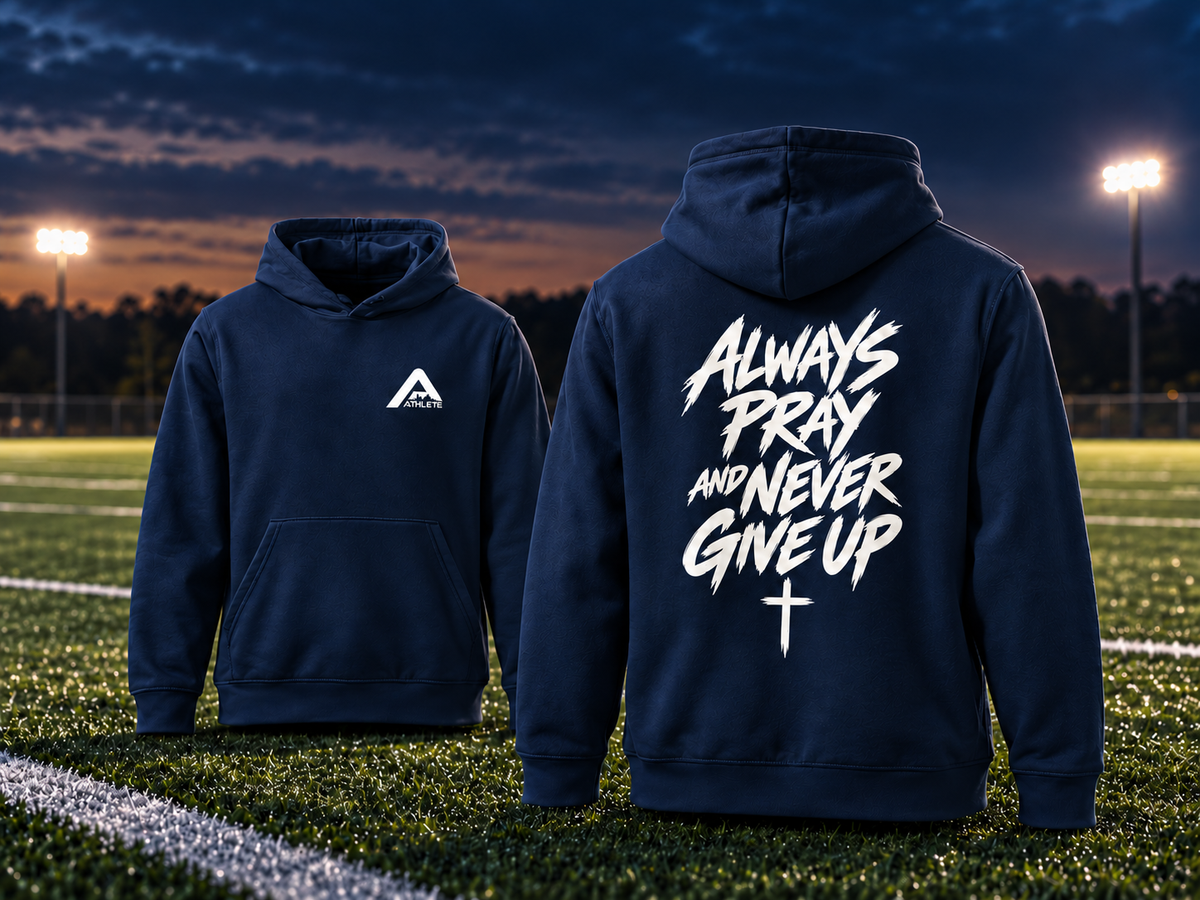 AA × O.ATH Always Pray apparel on a navy athletic field backdrop